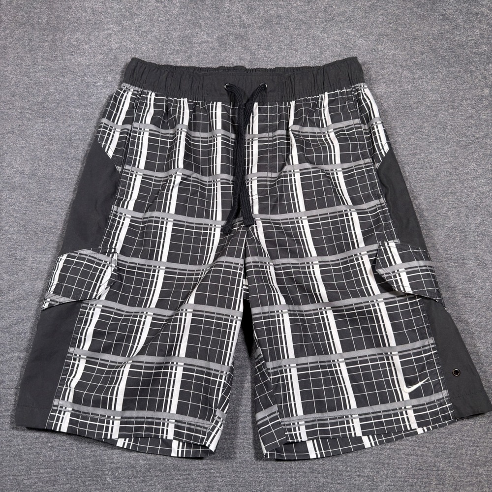 Nike Swim Shorts Men M Black Plaid Cargo Board Shorts Drawstring Waist Pockets